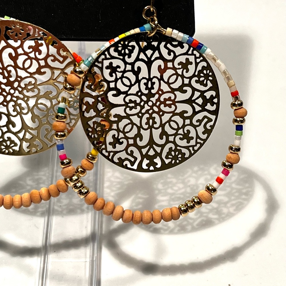 Designer Gold with Multicolor Beaded Hoop Earrings - Picture 9 of 14